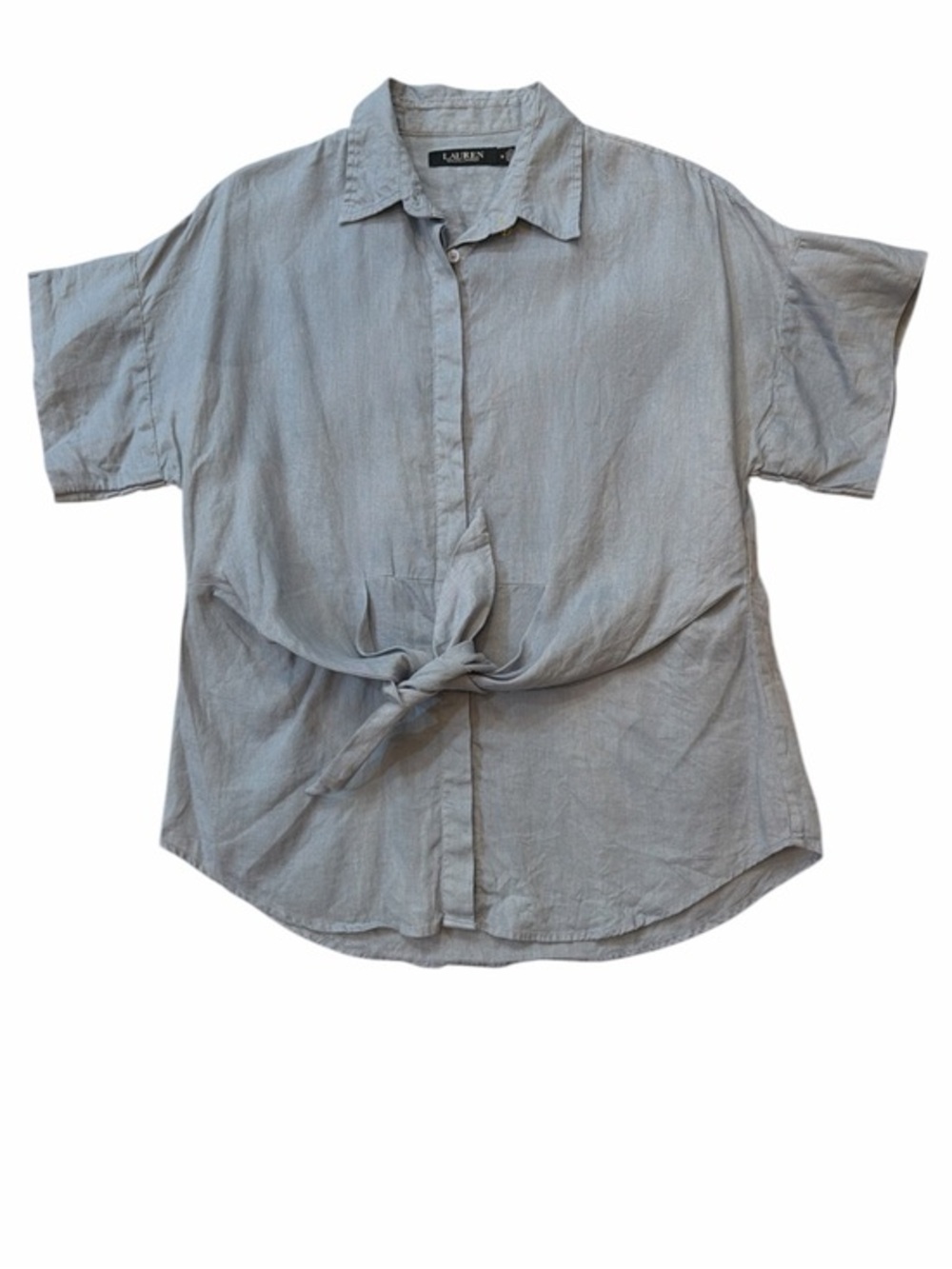 Lauren by Ralph Lauren Black Linen Gray Tie-Front Button Short Sleeve Shirt